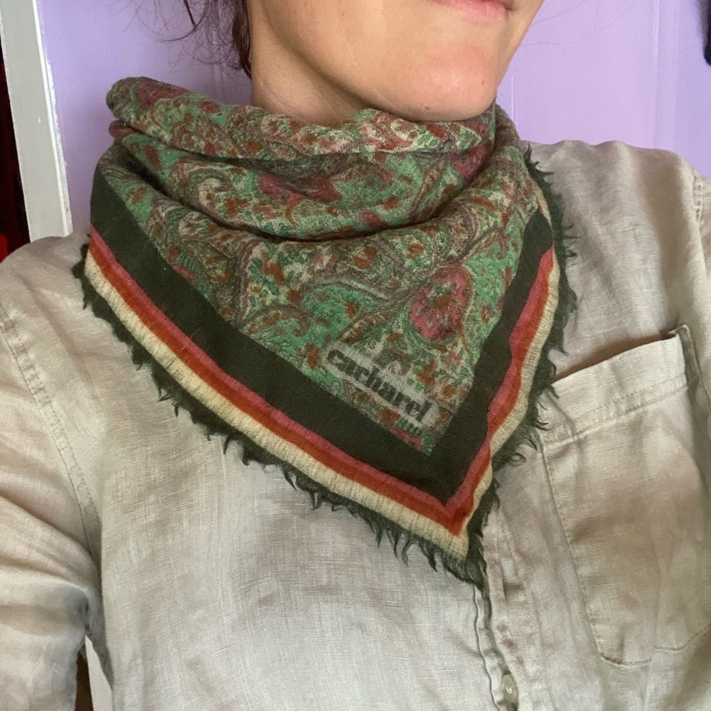 Vintage Cacharel wool Green Paisley Bandana Scarf made in Japan